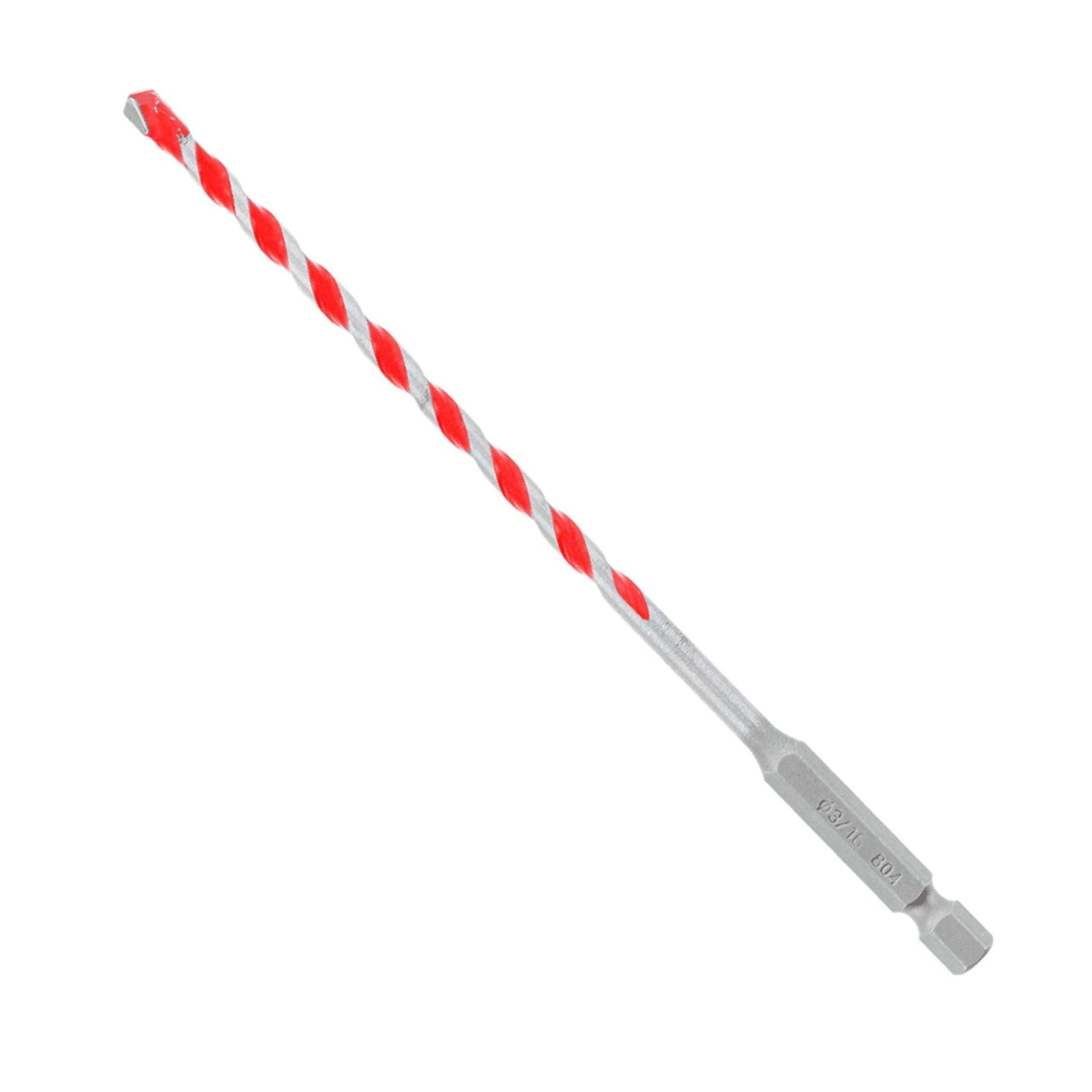 The DIABLO DMARG1030 SPEEDemon™ is a 3/16 in. x 4 in. x 6 in. red granite carbide-tipped drill bit with a silver body featuring a red spiral stripe, hexagonal base for hammer drill attachment, and precisely tapered tip ideal for masonry drilling.
